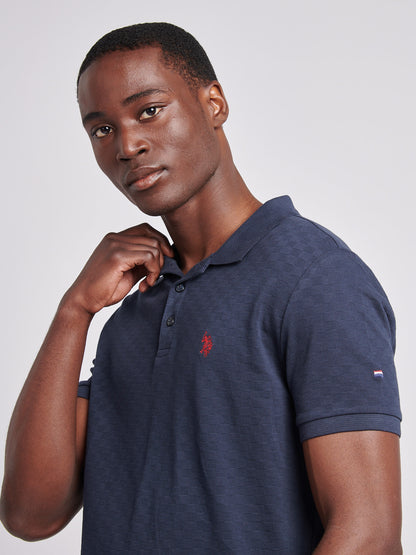 Mens Check Texture Polo in Dark Sapphire Navy / Haute Red DHM