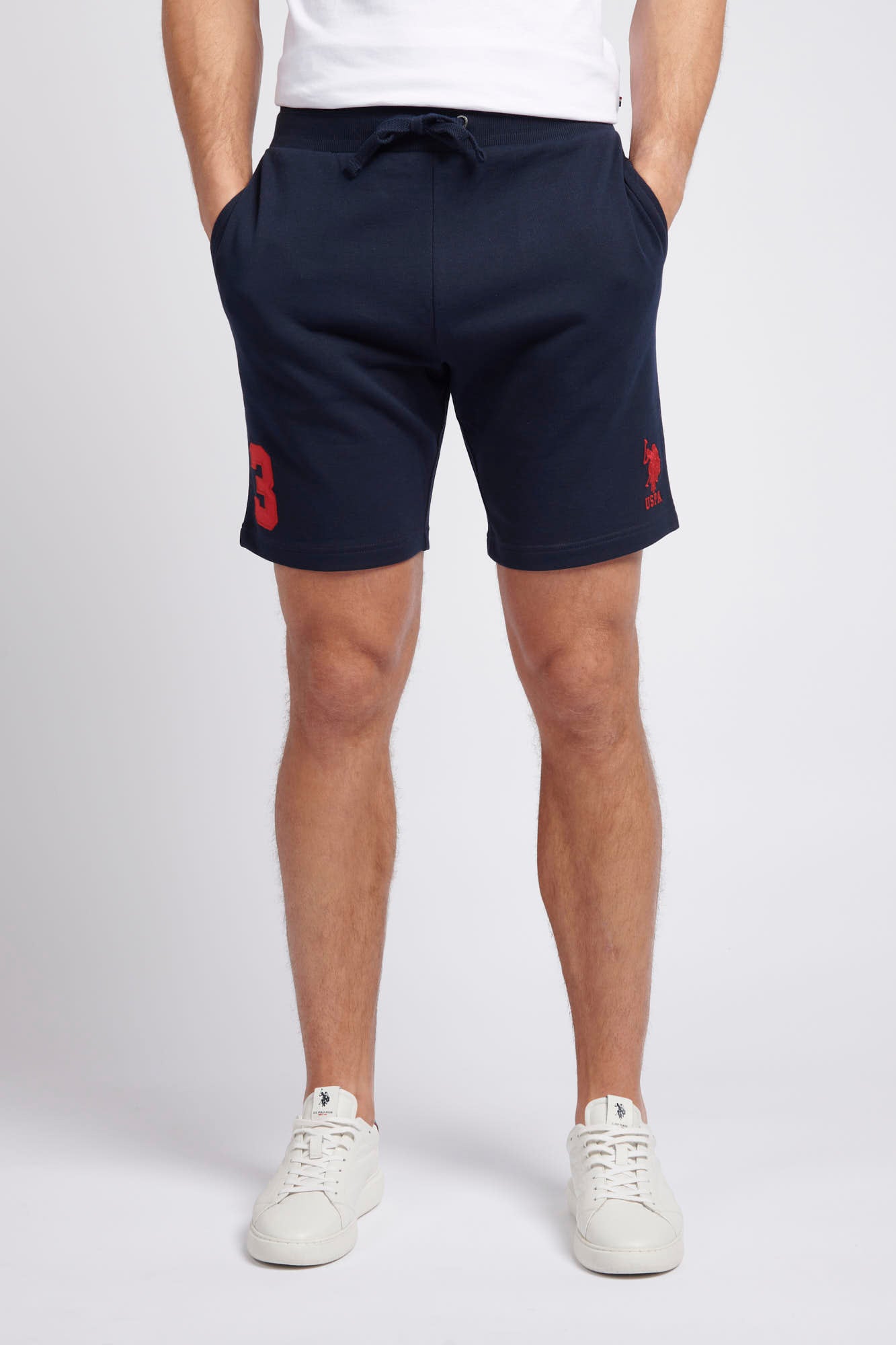 Mens Classic Fit Player 3 Sweat Shorts in Dark Sapphire Navy / Haute Red DHM