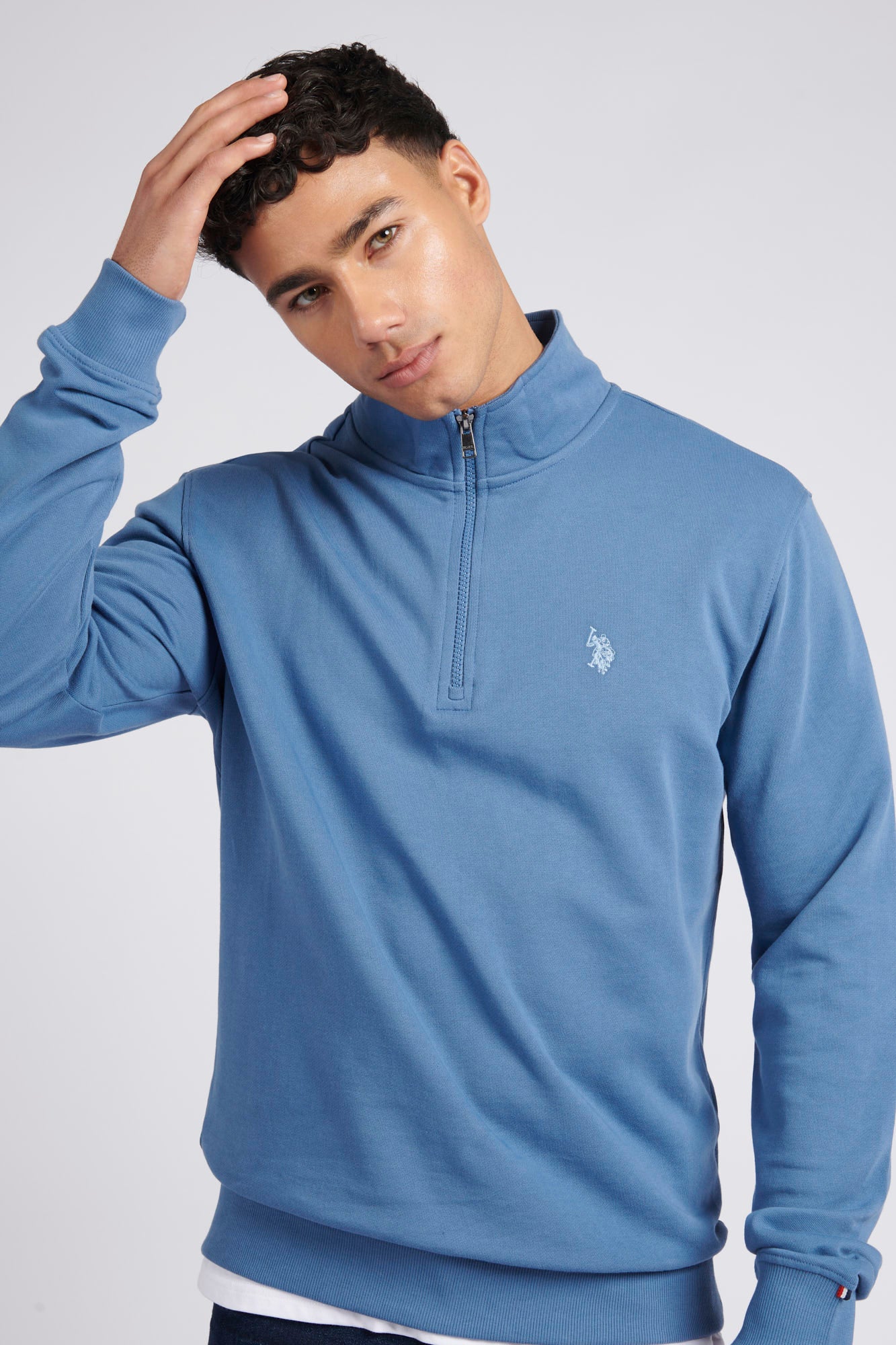 Mens Double Horsemen ¼ Zip Loop Back Sweatshirt in Blue Horizon