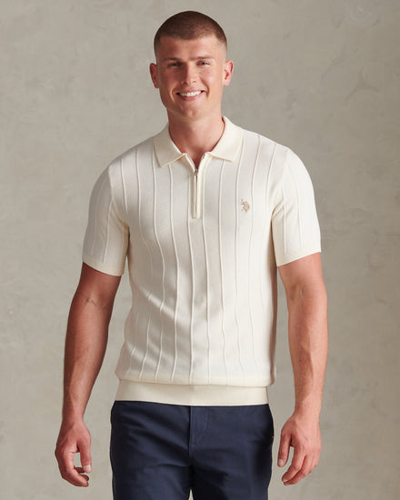 Mens Zip Knit  Polo Shirt Whisper White