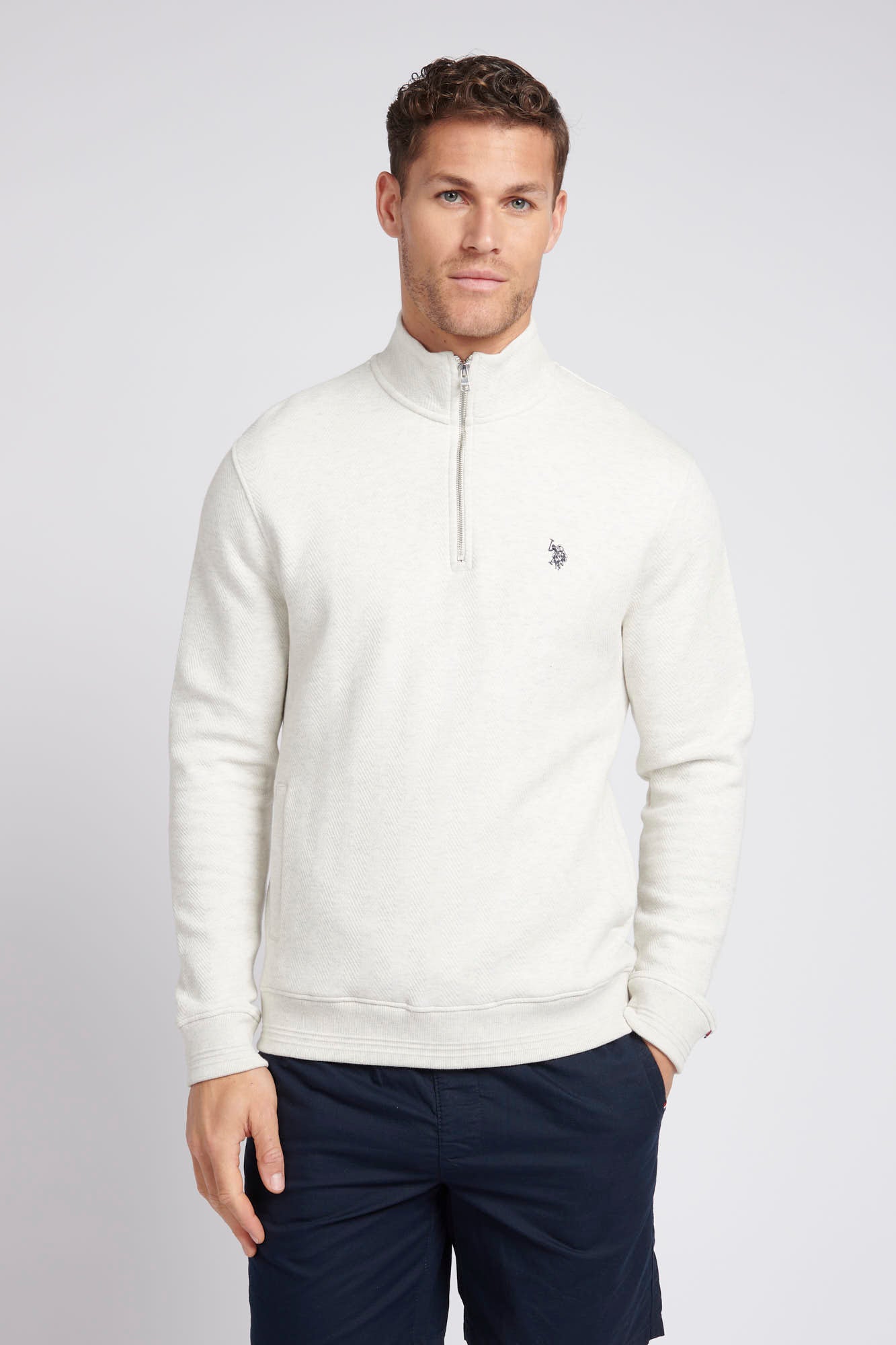 Mens Classic Fit Herringbone 1/4 Zip Sweatshirt in Light Grey Marl