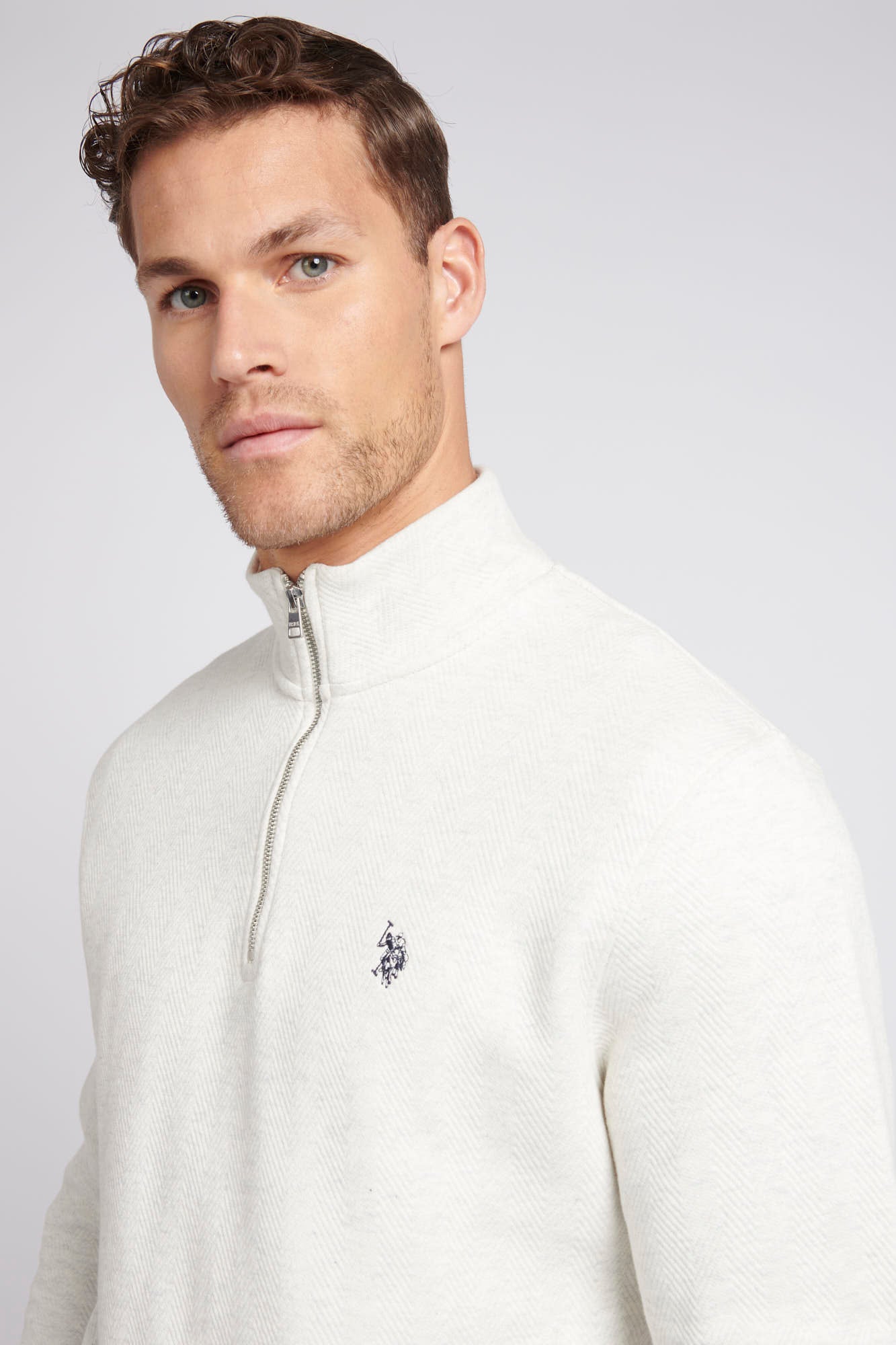 Mens Classic Fit Herringbone 1/4 Zip Sweatshirt in Light Grey Marl