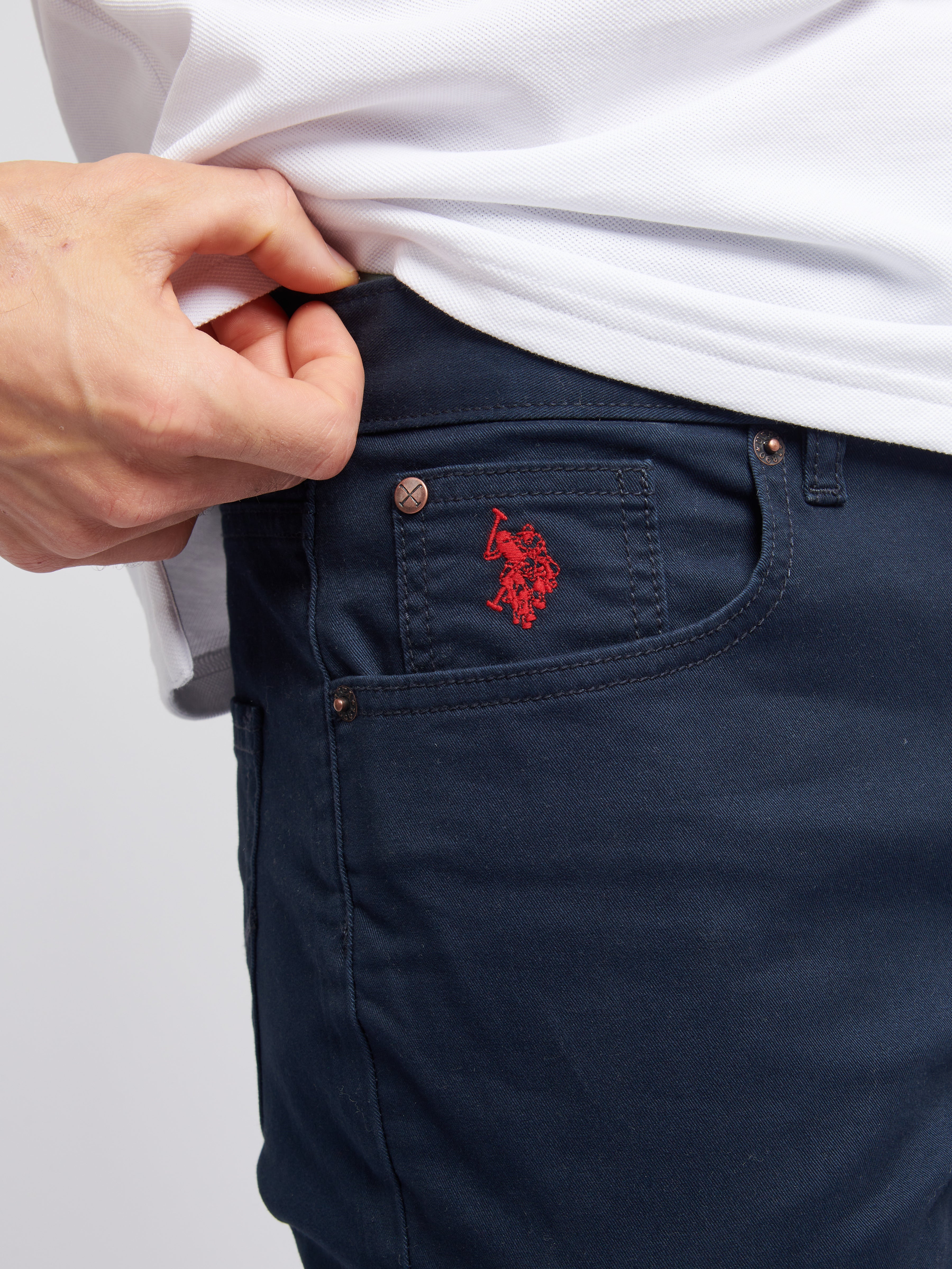 Mens Core 5 Pocket Trousers in Dark Sapphire Navy / Haute Red DHM