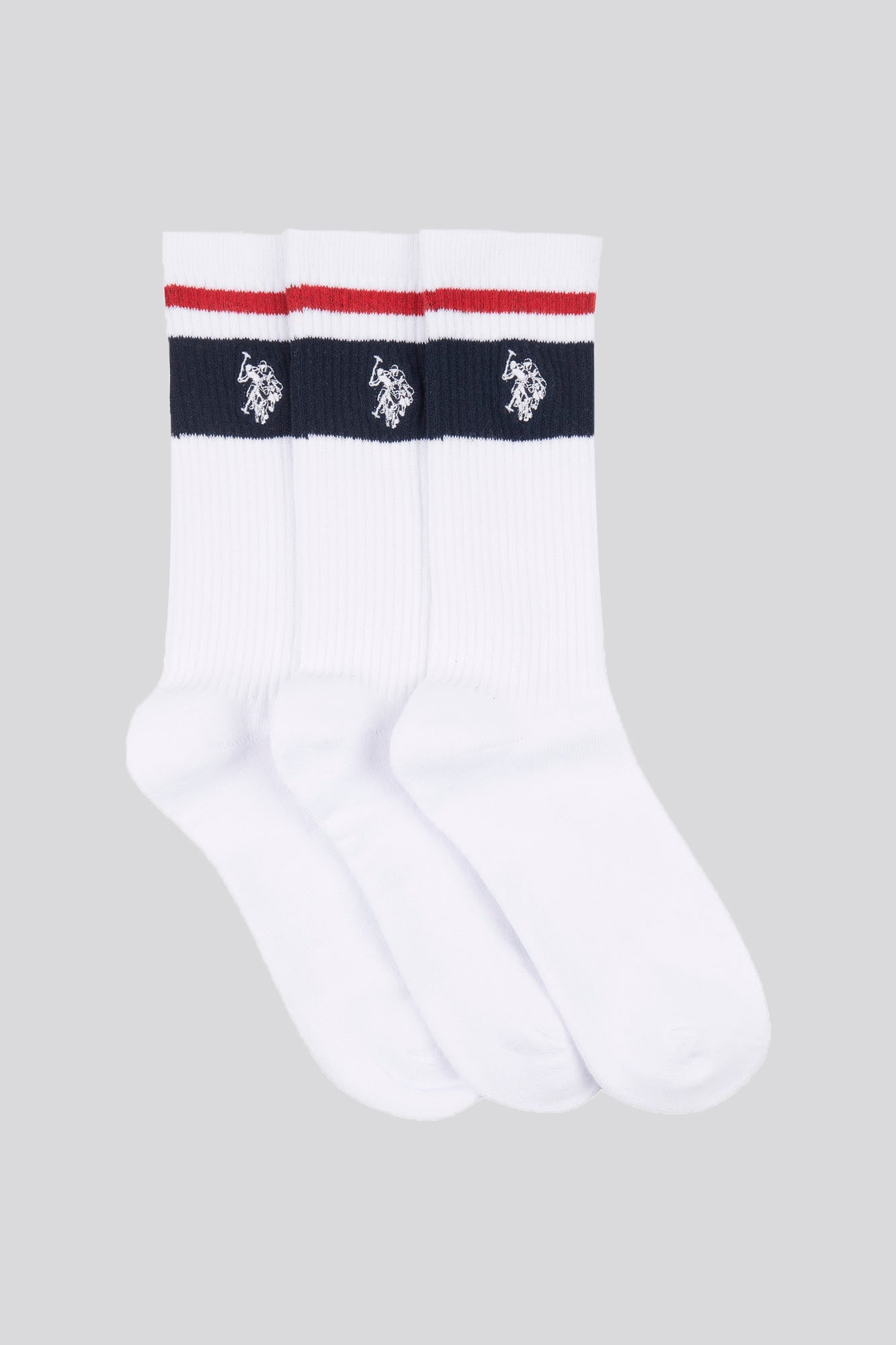 U.S. Polo Assn. Mens Three Pack Brand Stripe Sports Socks in Bright White