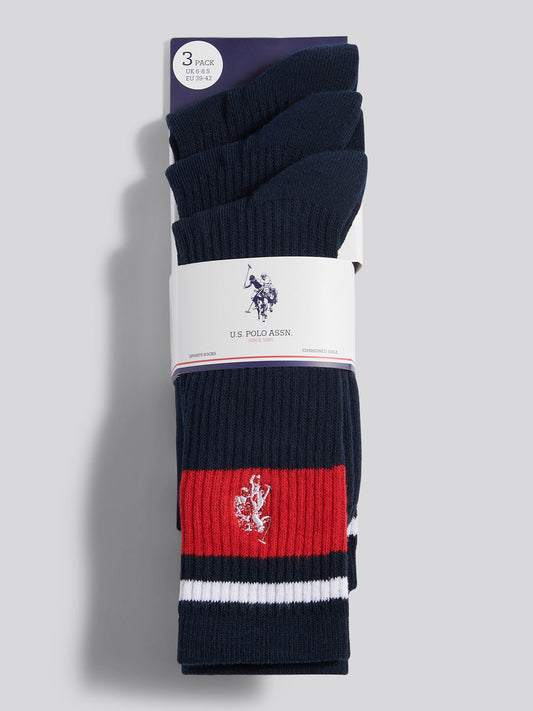 Mens 3 Pack Brand Stripe Socks in Dark Sapphire Navy