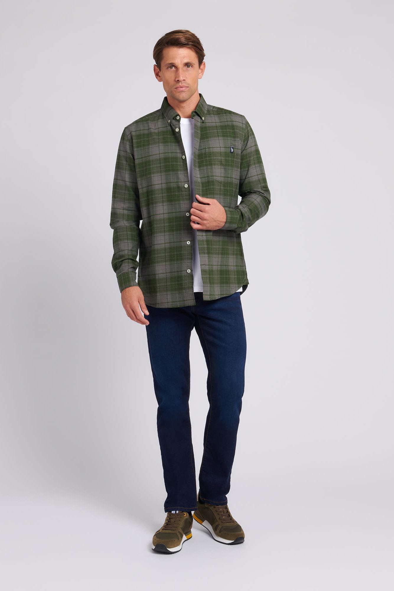 Mens Peached Oxford Check Shirt in Granite Gray