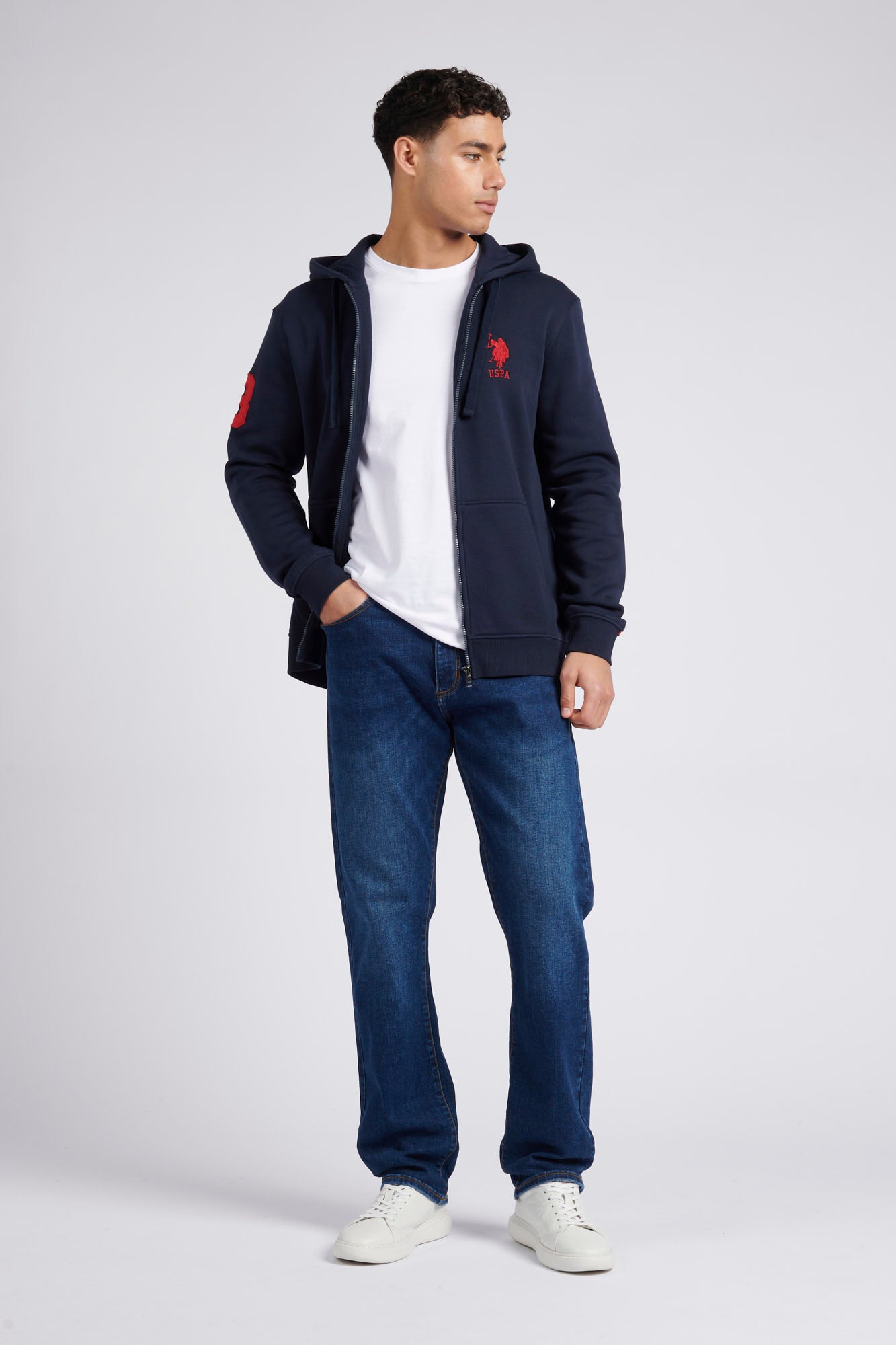 Mens Classic Fit Player 3 Zip Hoodie in Dark Sapphire Navy / Haute Red DHM