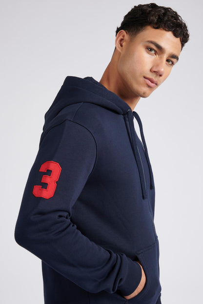 Mens Classic Fit Player 3 Zip Hoodie in Dark Sapphire Navy / Haute Red DHM