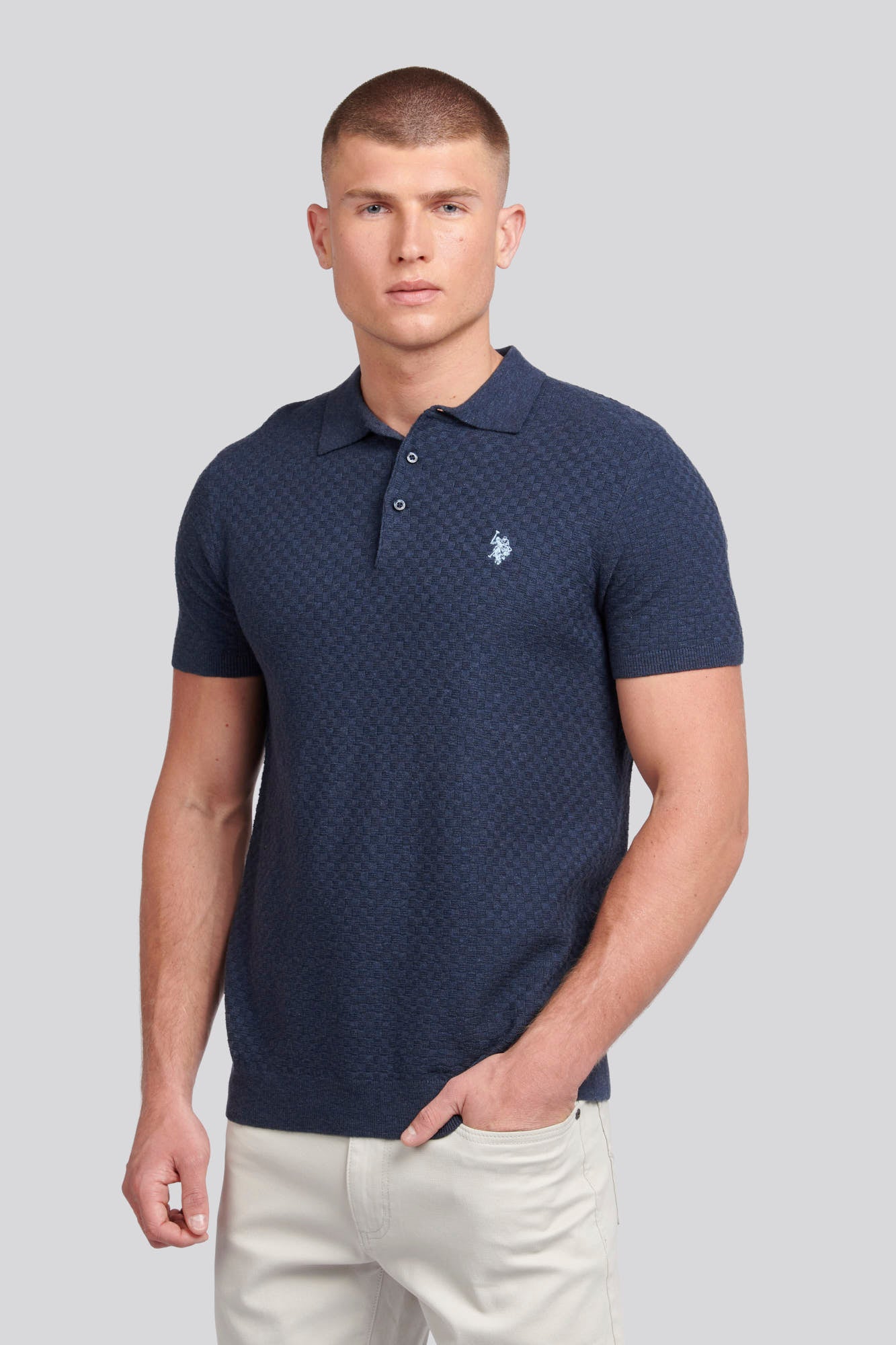 U.S. Polo Assn. Mens Regular Fit Texture Knit Polo Shirt in Dark Sapphire Navy Marl