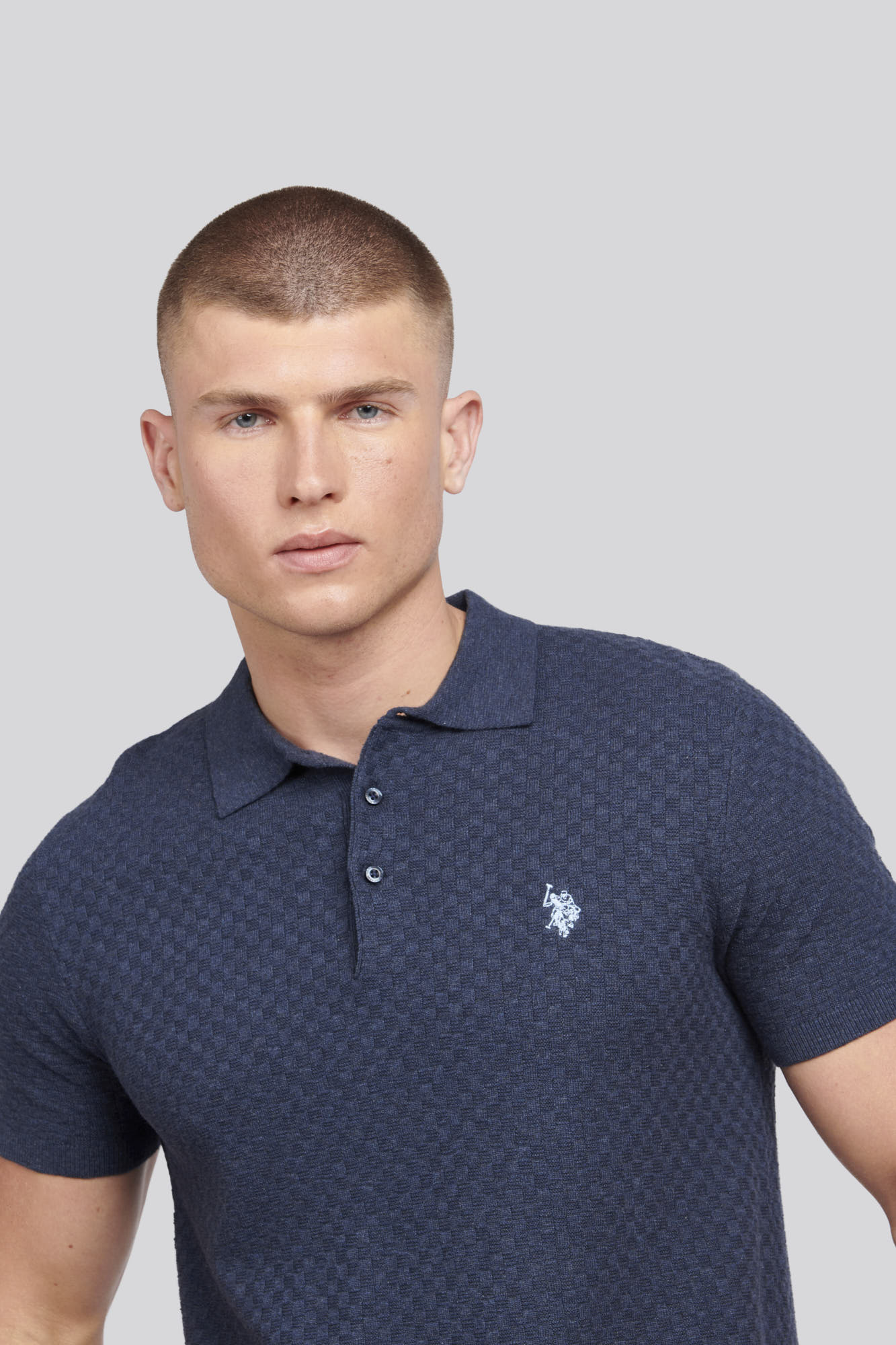 Mens Regular Fit Texture Knit Polo Shirt in Dark Sapphire Navy Marl