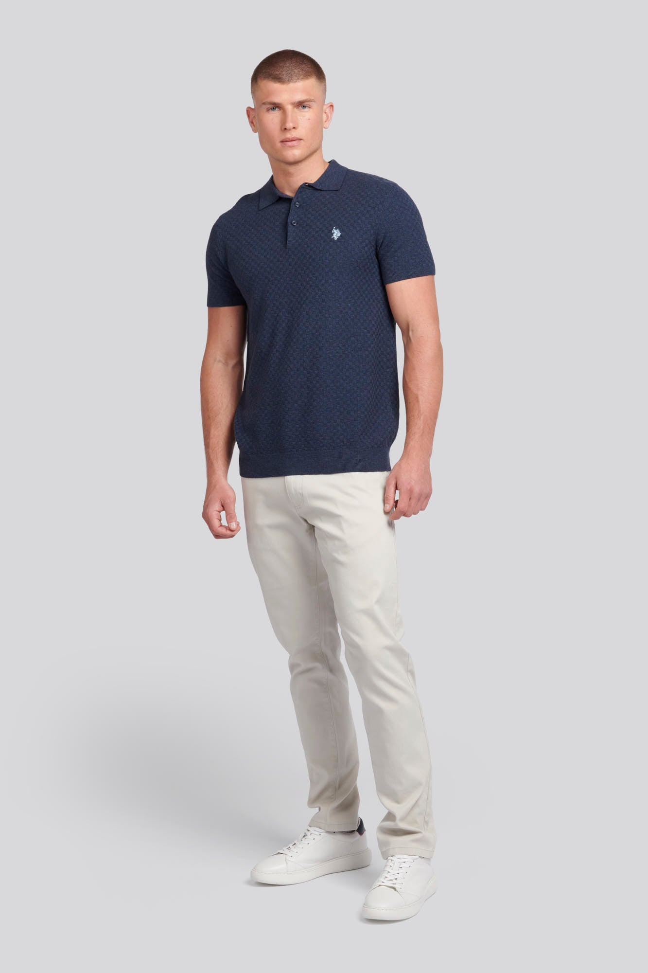 Mens Regular Fit Texture Knit Polo Shirt in Dark Sapphire Navy Marl