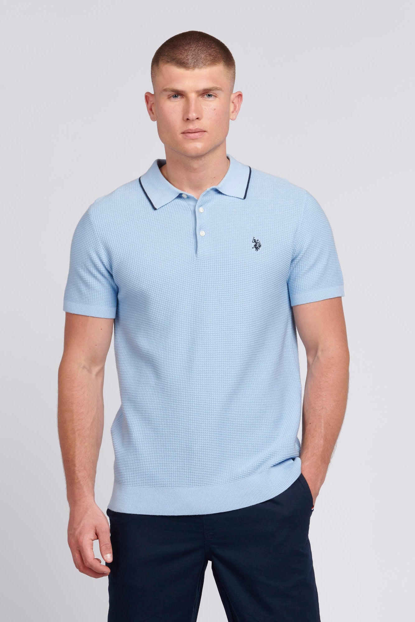 U.S. Polo Assn. Mens Regular Fit Waffle Knit Polo Shirt in Chambray Blue