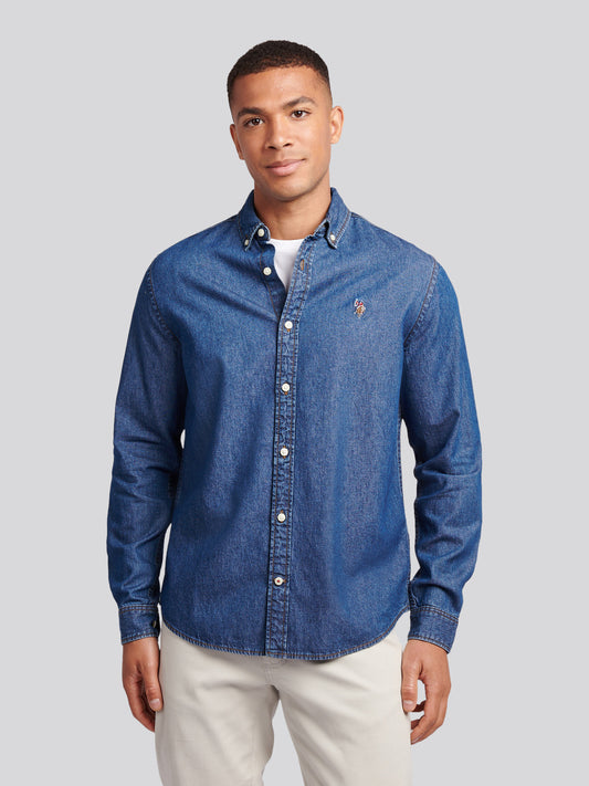 Mens Double Horsemen Chambray Shirt in Dark Wash
