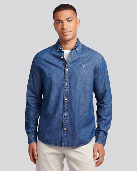 Mens Double Horsemen Chambray Shirt in Dark Wash