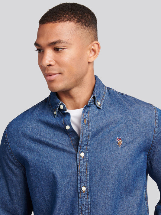Mens Double Horsemen Chambray Shirt in Dark Wash