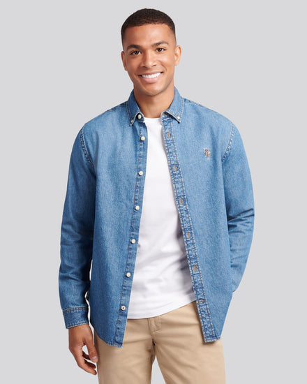 Mens Double Horsemen Chambray Shirt in Medium Wash
