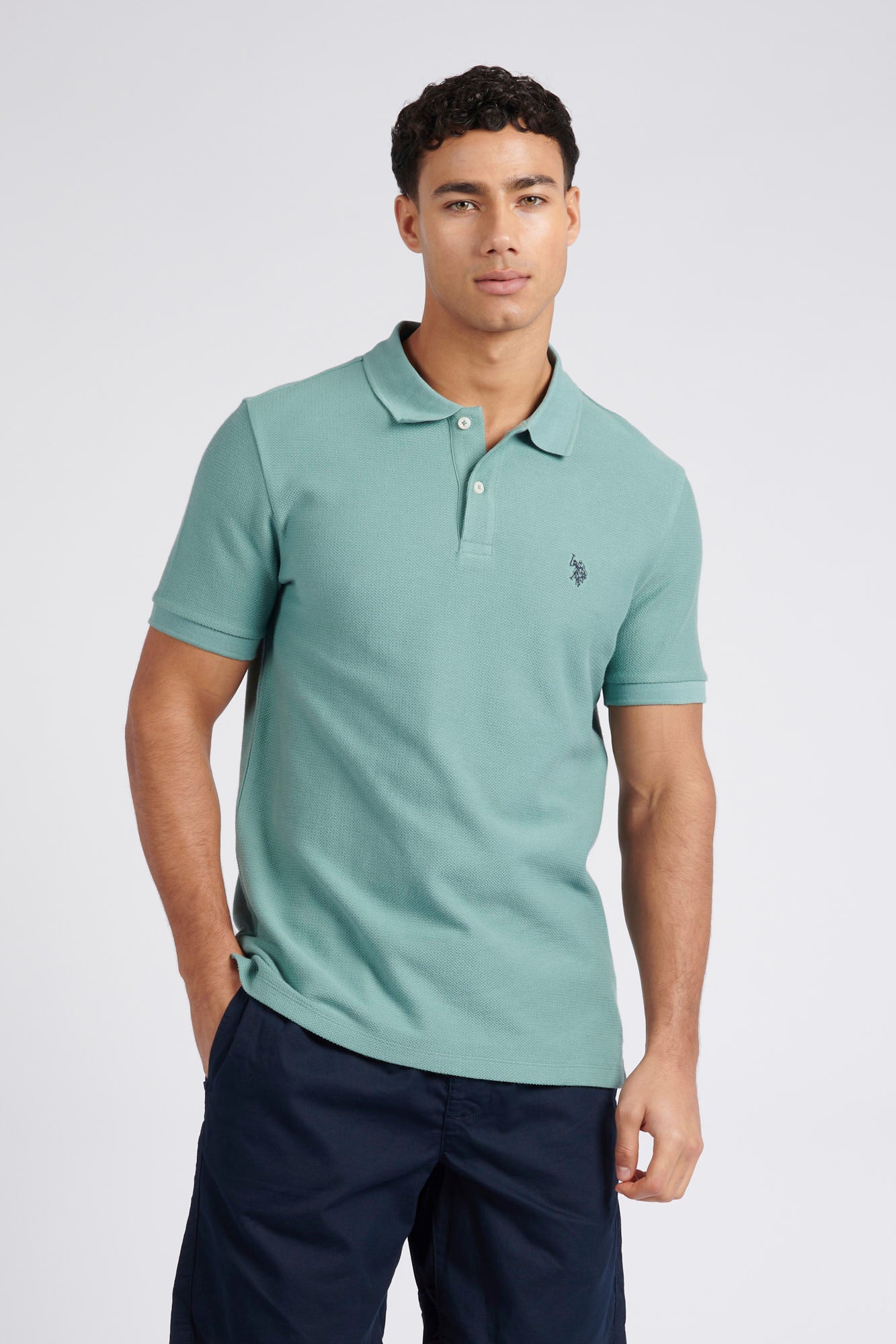 Mens Regular Fit Texture Herringbone Polo Shirt in Mineral Blue