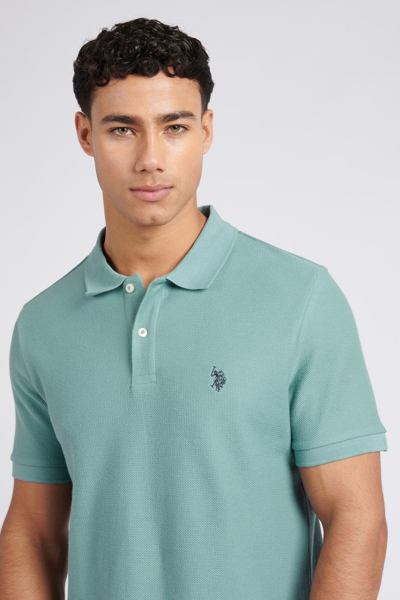 Mens Regular Fit Texture Herringbone Polo Shirt in Mineral Blue