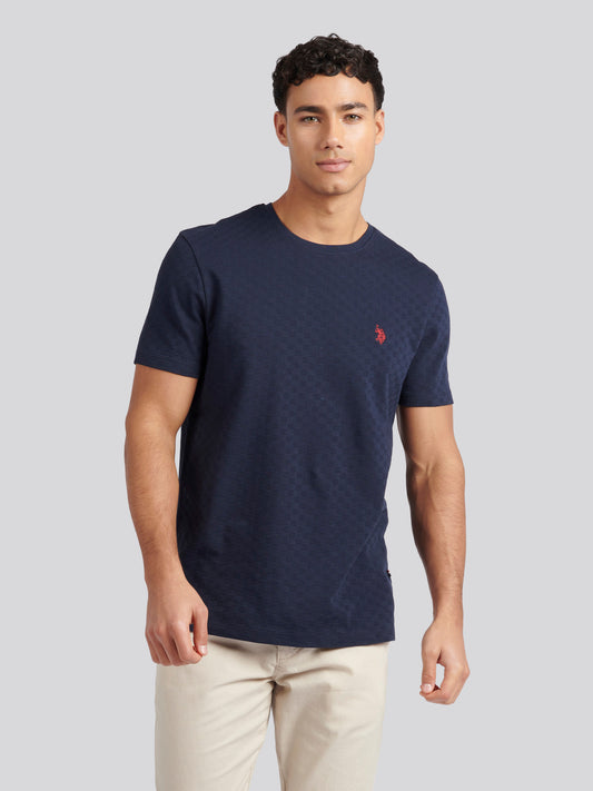 Mens Check Texture T-Shirt in Dark Sapphire Navy / Haute Red DHM