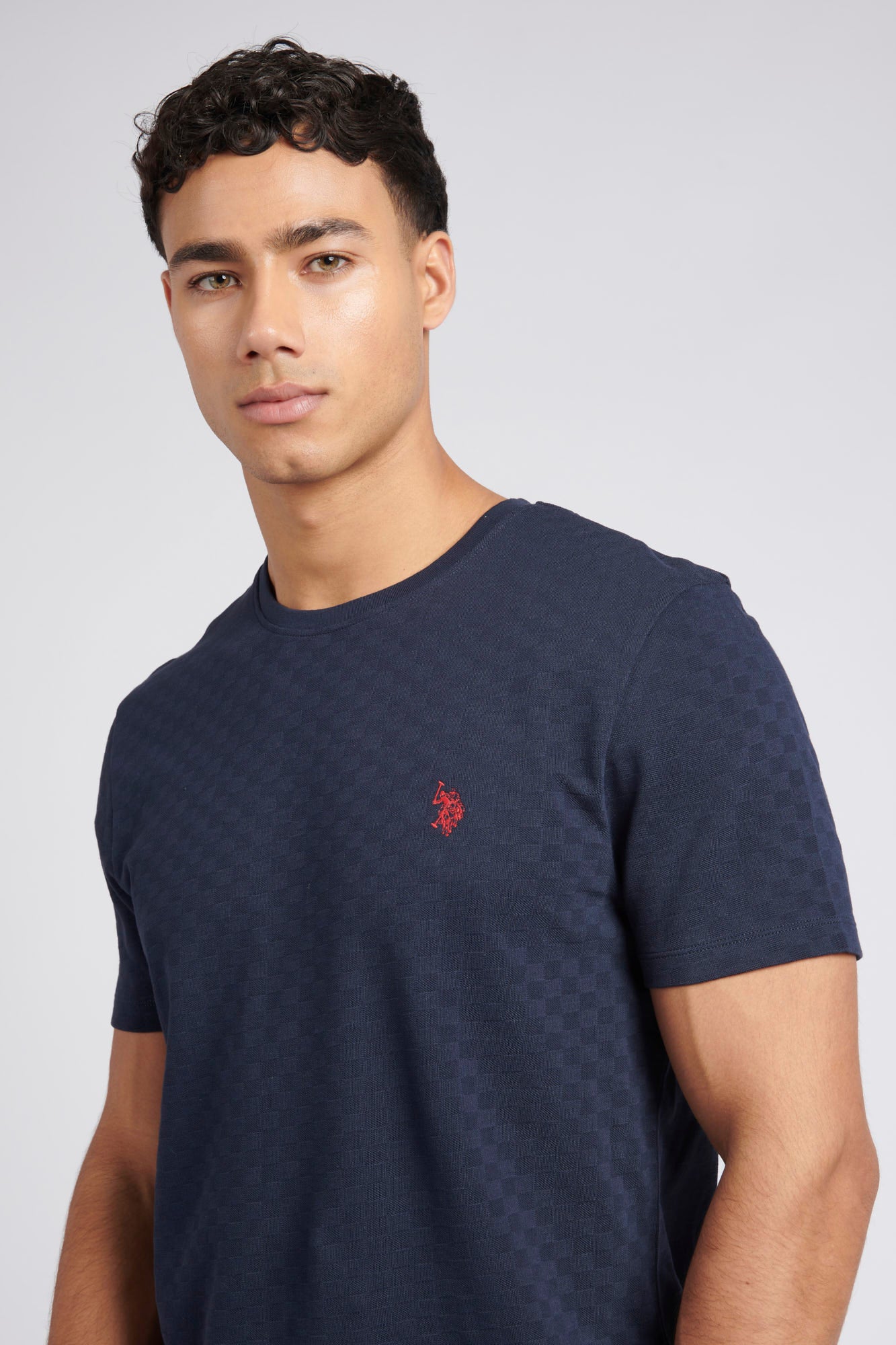 Mens Classic Fit Check Texture T-Shirt in Dark Sapphire Navy / Haute Red DHM