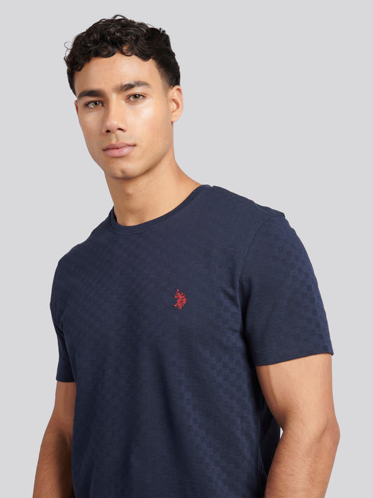 Mens Check Texture T-Shirt in Dark Sapphire Navy / Haute Red DHM