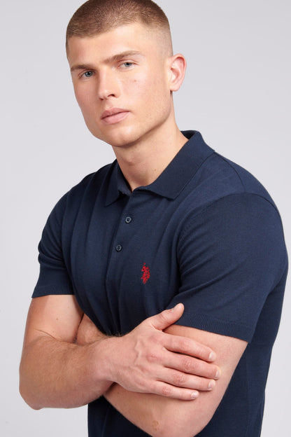 Mens Regular Fit Knitted Polo Shirt in Dark Sapphire Navy / Haute Red DHM