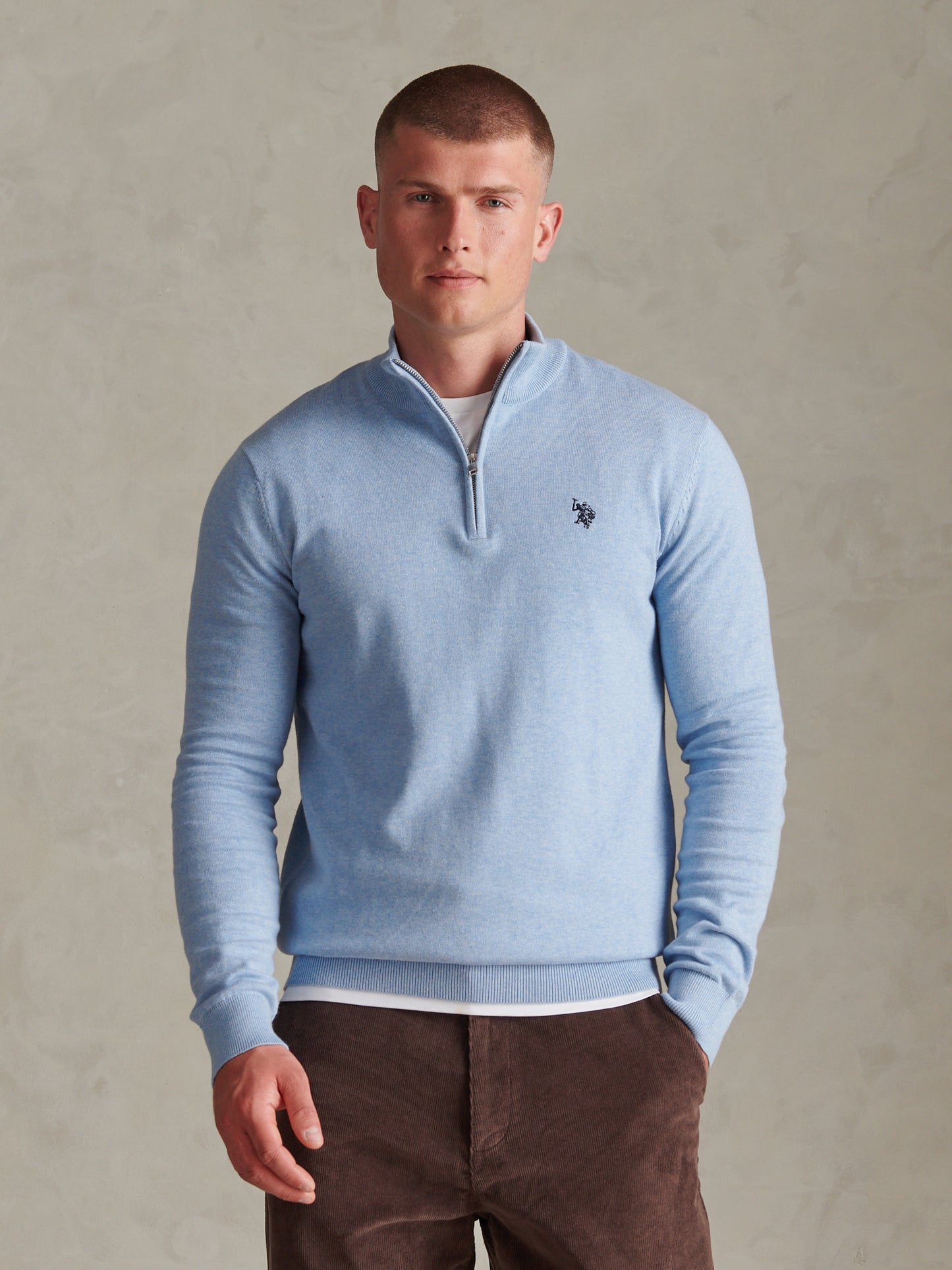 Mens Cotton Quarter Zip Funnel Jumper Parisian Blue Marl