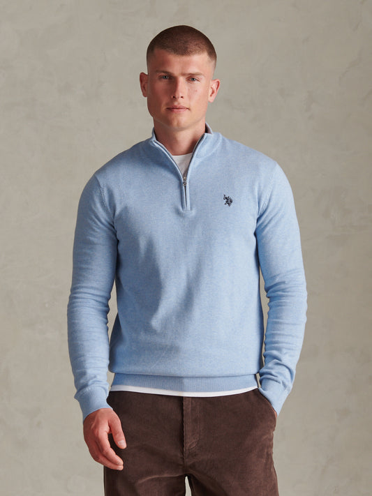 Mens Cotton Quarter Zip Funnel Jumper Parisian Blue Marl