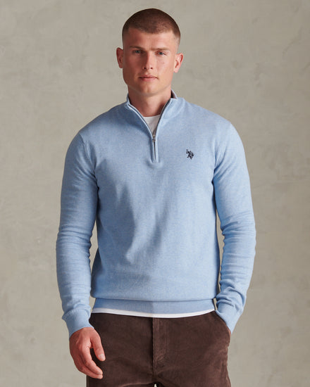 Mens Cotton Quarter Zip Funnel Jumper Parisian Blue Marl