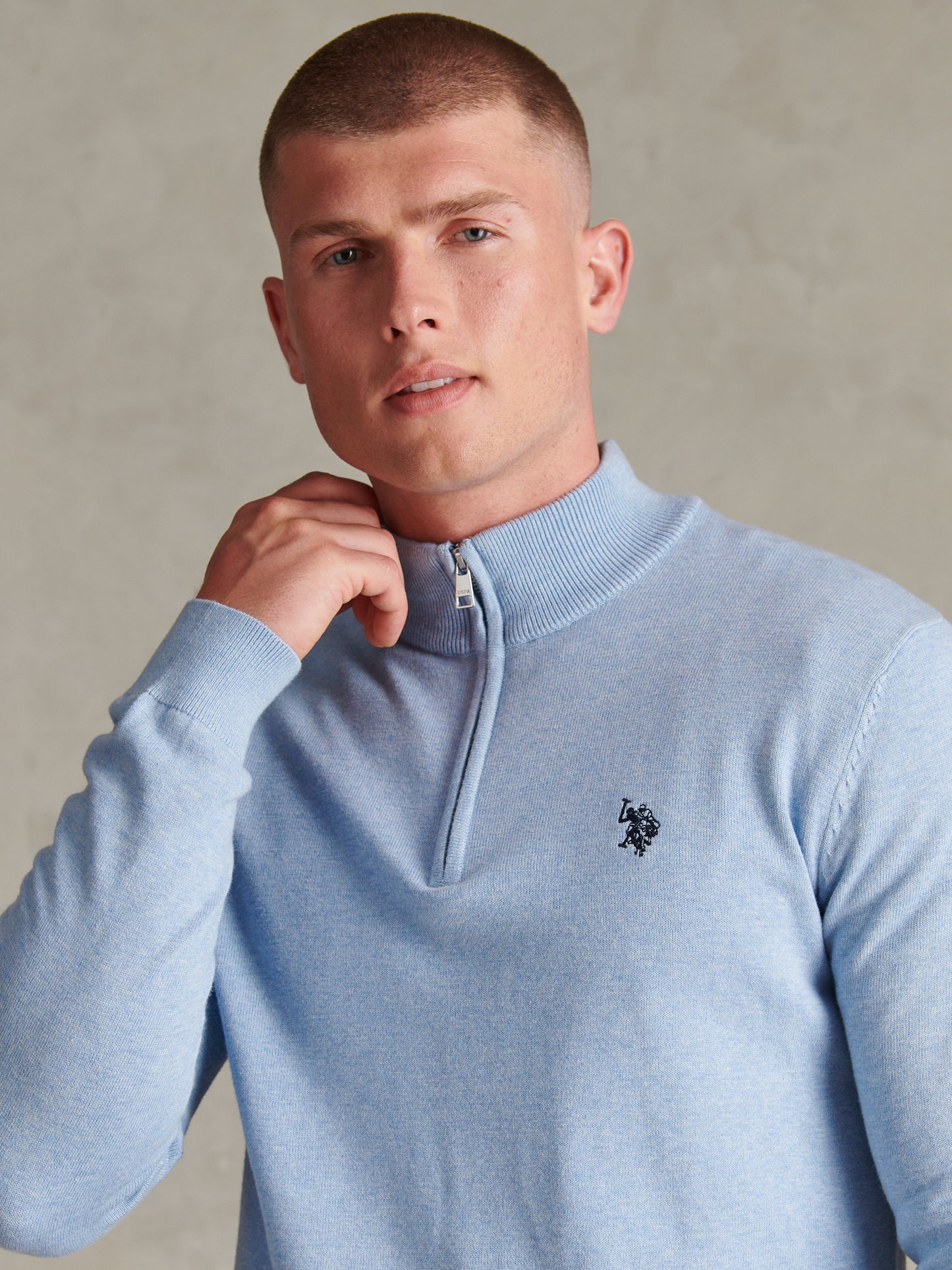 Mens Cotton Quarter Zip Funnel Jumper Parisian Blue Marl