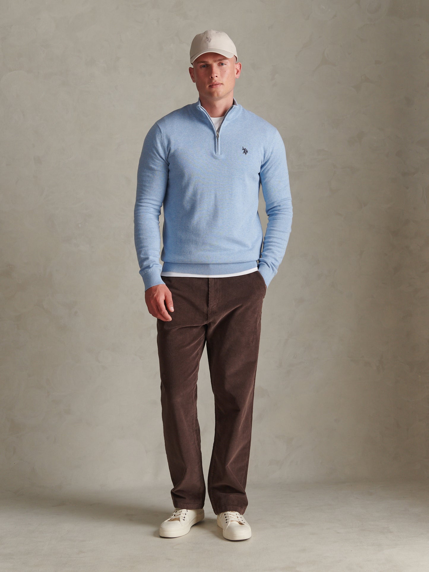 Mens Cotton Quarter Zip Funnel Jumper Parisian Blue Marl