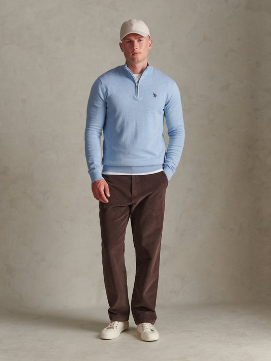 Mens Cotton Quarter Zip Funnel Jumper Parisian Blue Marl