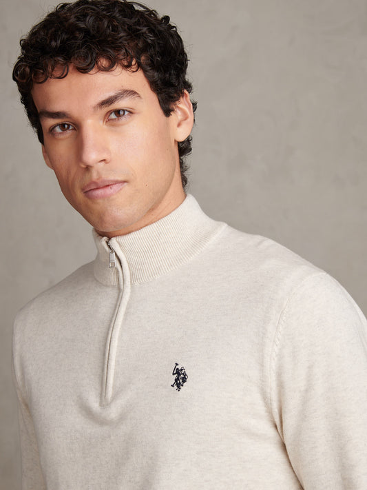 Mens Cotton Quarter Zip Funnel Jumper Birch Marl