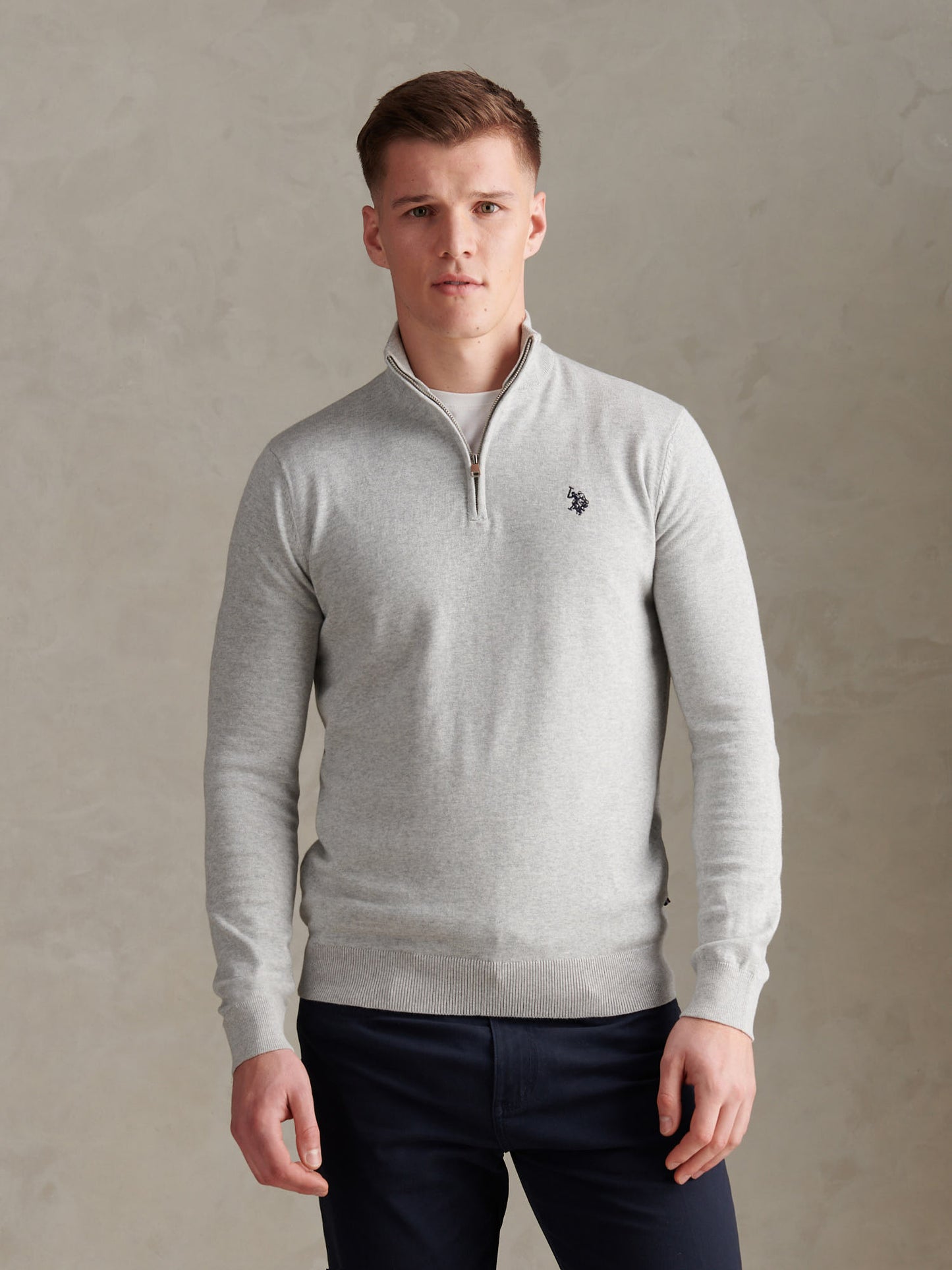 Cotton 1/4 Zip Neck Mid Grey Marl