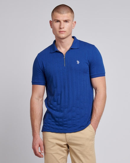 Mens Stripe Textured Zip Polo Shirt in Sodalite Blue