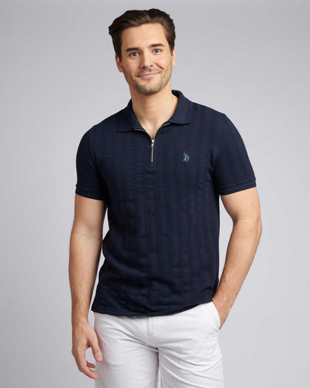 Mens Stripe Textured Zip Polo Shirt in Dark Sapphire Navy / Moonlight Blue DHM
