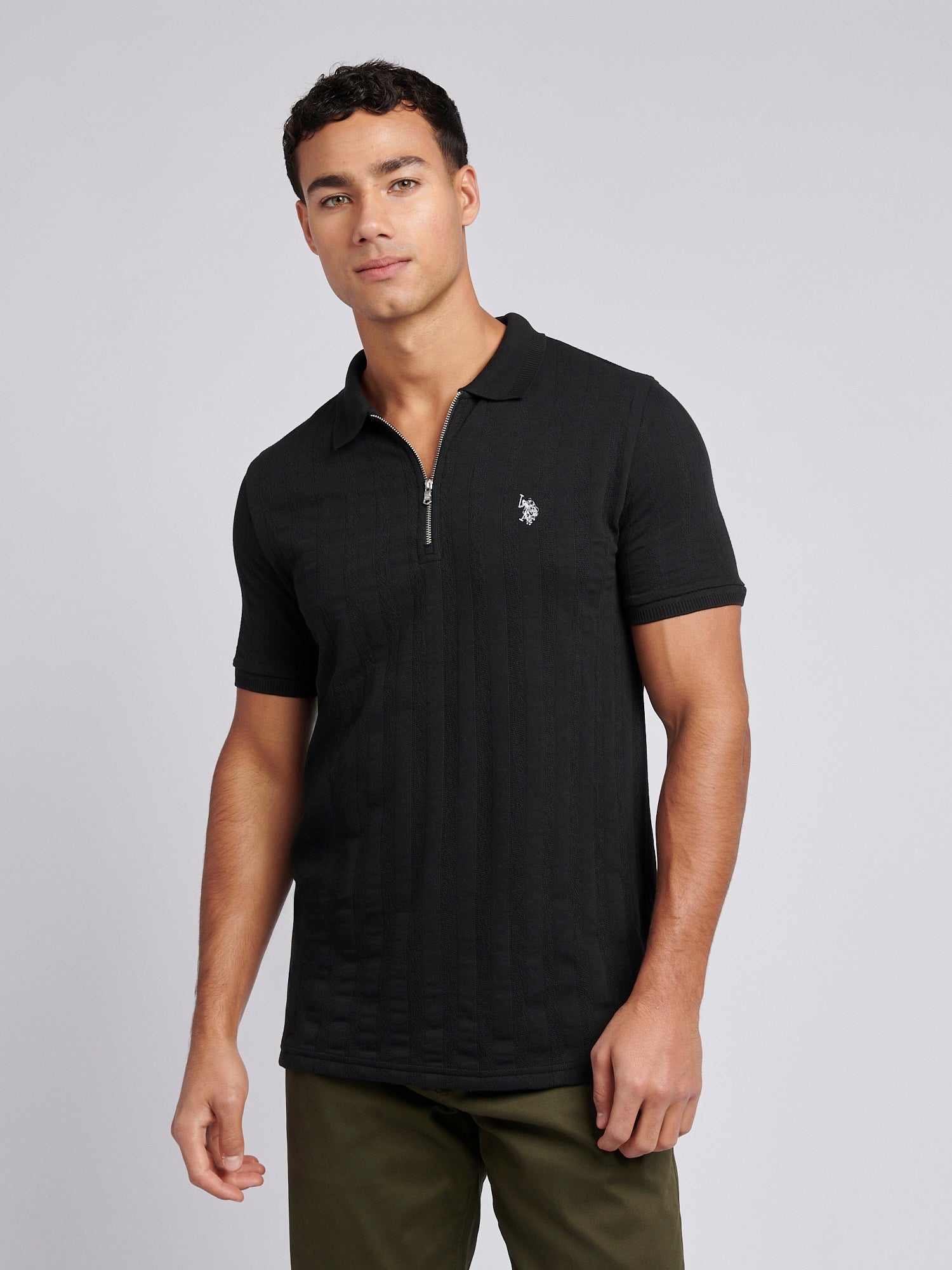 Mens Stripe Textured Zip Polo Shirt in Black Bright White DHM