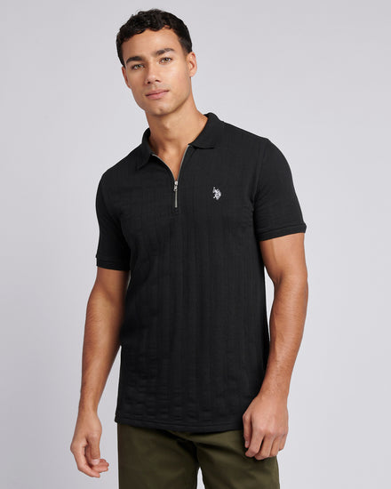 Mens Stripe Textured Zip Polo Shirt in Black Bright White DHM