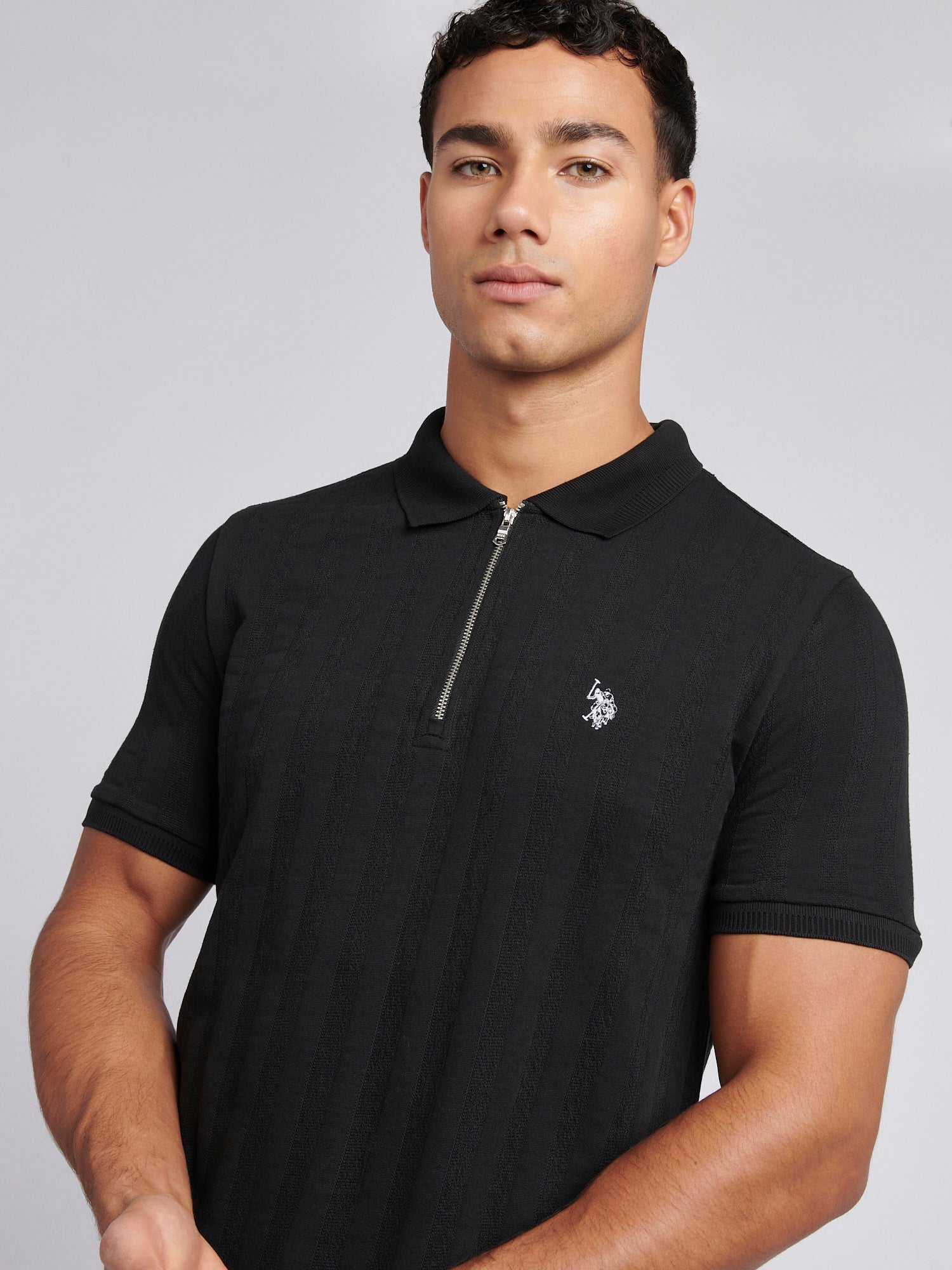 Mens Stripe Textured Zip Polo Shirt in Black Bright White DHM