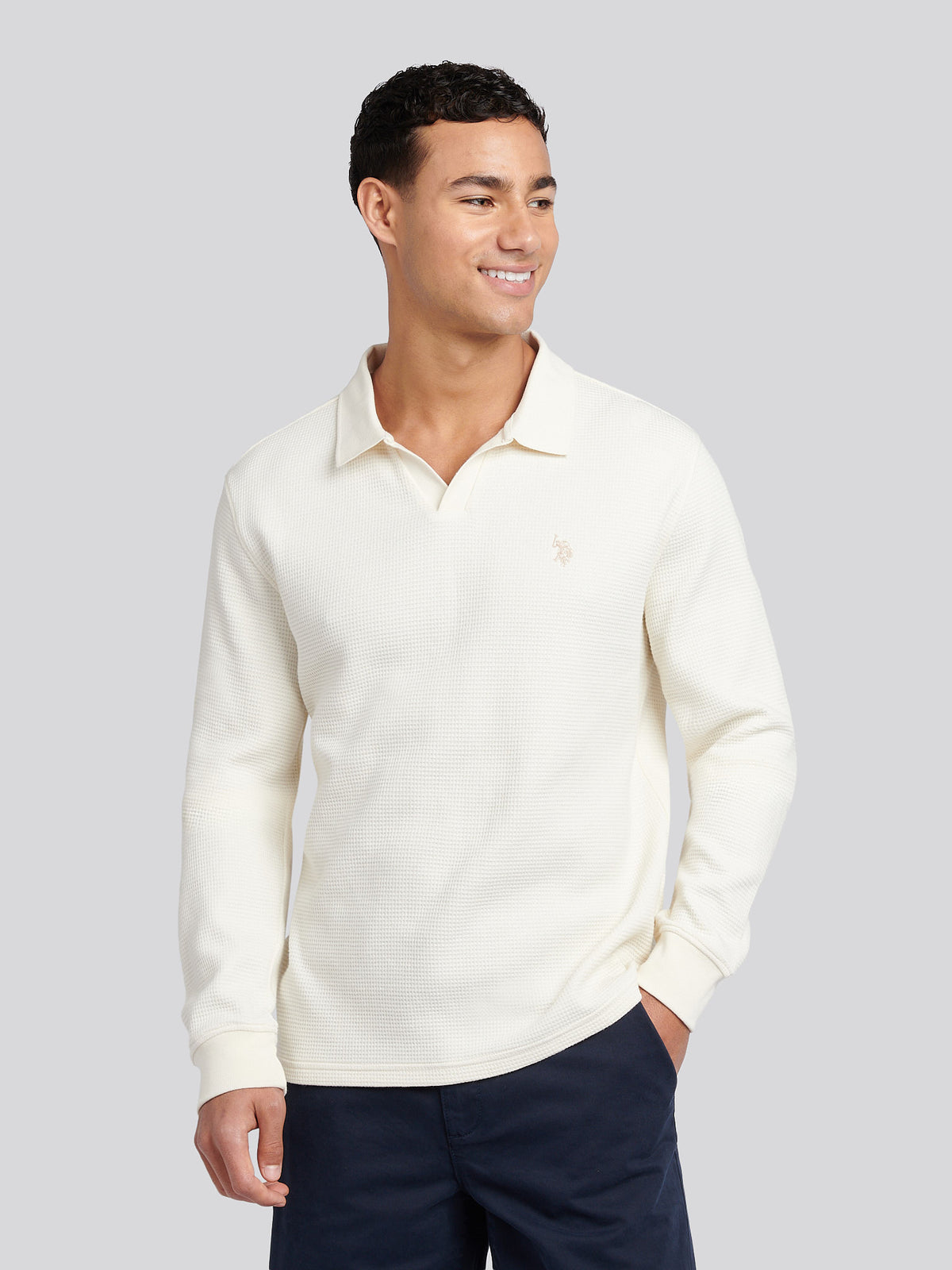 Mens Waffle Texture Open Collar Long Sleeve Polo Shirt in Whisper White