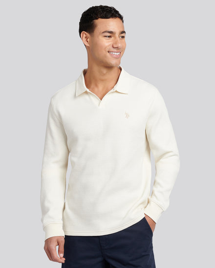 Mens Waffle Texture Open Collar Long Sleeve Polo Shirt in Whisper White