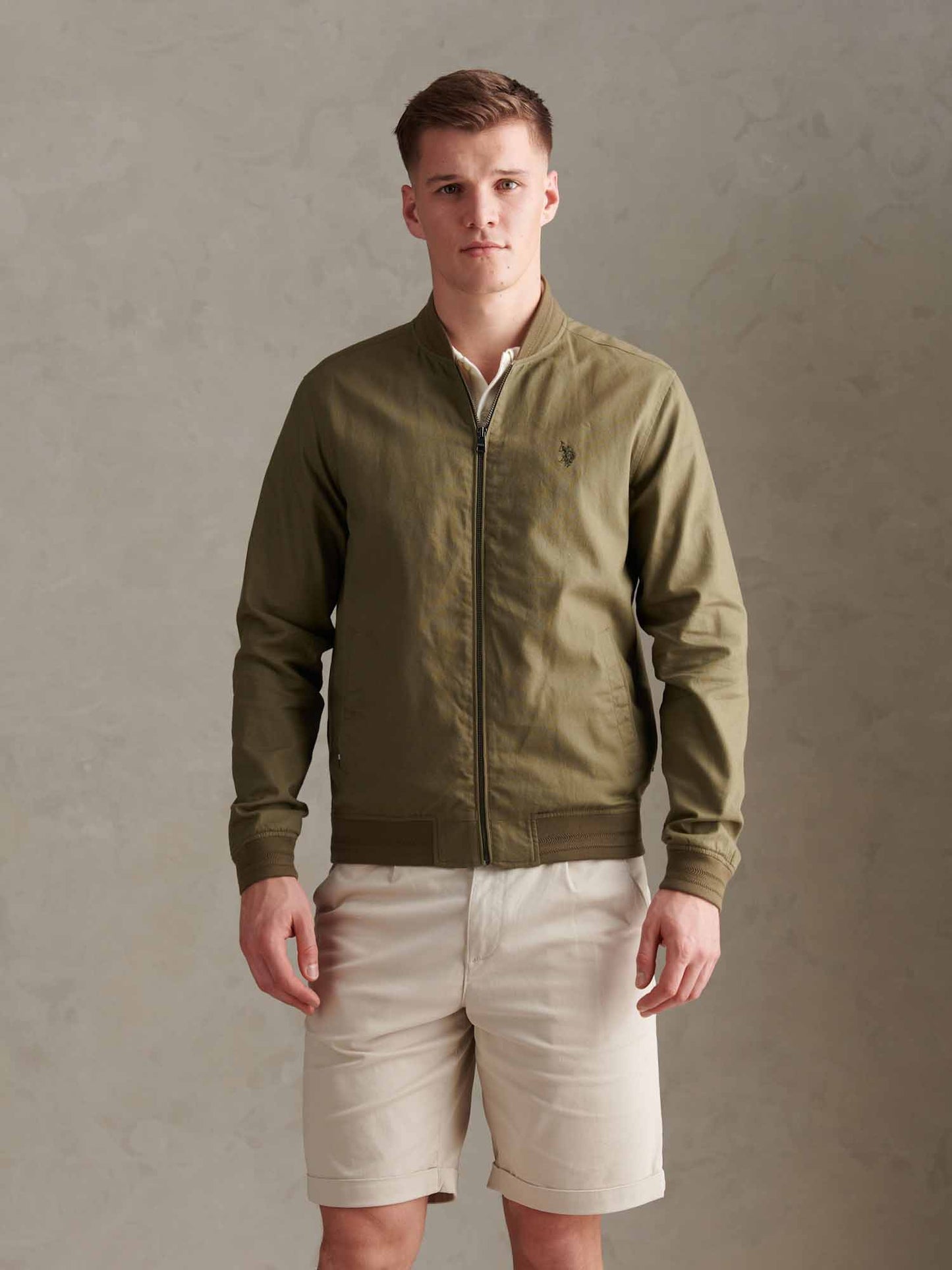 Mens Linen Blend Classic Bomber in Deep Lichen Green