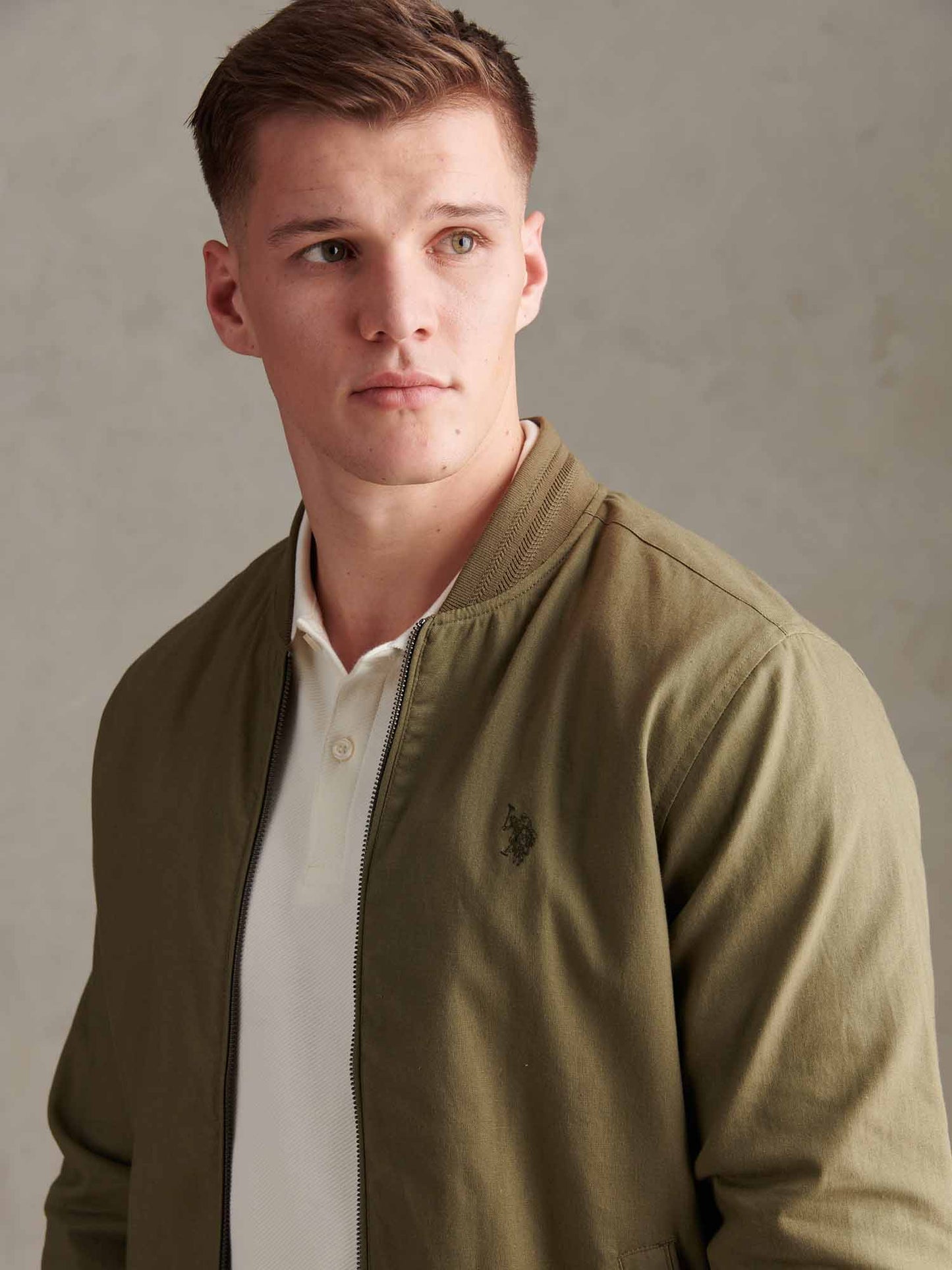 Mens Linen Blend Classic Bomber in Deep Lichen Green