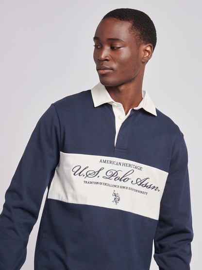 Mens Premium Embroidery Graphic Rugby Shirt in Dark Sapphire Navy