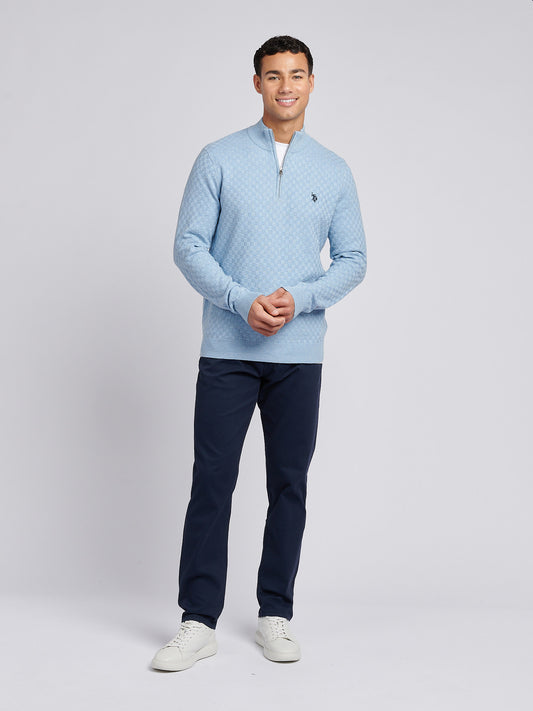 Mens Checkerboard Funnel Neck 1/4 Zip Knit in Parisian Blue Marl