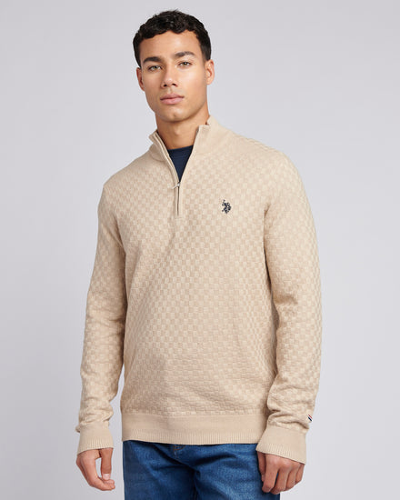 Mens Checkerboard Funnel Neck 1/4 Zip Knit in Doeskin