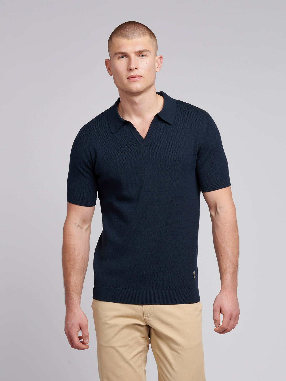 Mens Texture Open Collar Knit Polo Shirt in Dark Sapphire Navy