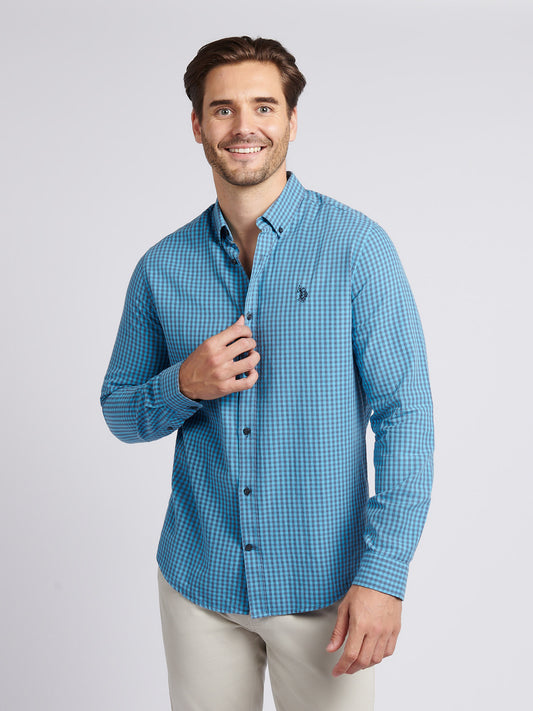 Mens Herringbone Weave Peached Gingham Shirt in Heritage Blue