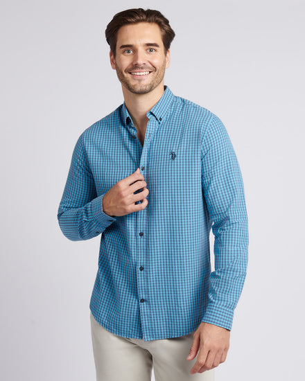 Mens Herringbone Weave Peached Gingham Shirt in Heritage Blue