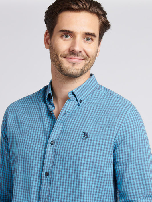 Mens Herringbone Weave Peached Gingham Shirt in Heritage Blue